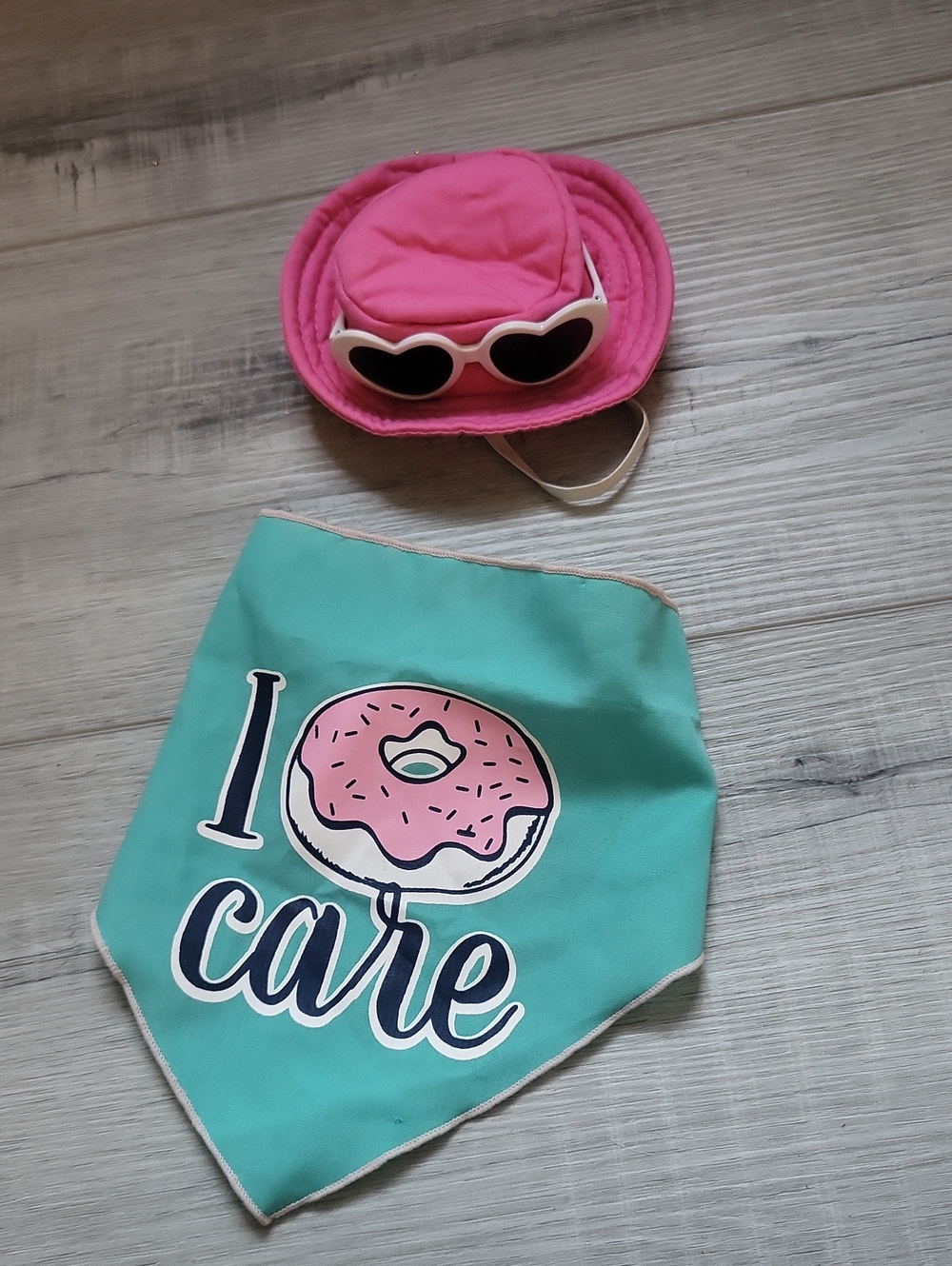 Pink Sun Hat with Heart Sunglasses and Teal Donut Bandana for Dogs